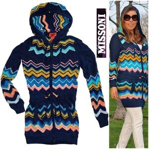 Missoni Hooded Chevron Zip Up Knit Cardigan Longline